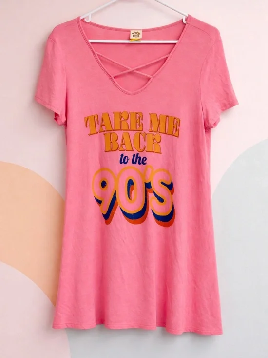 90s Graphic Tee Pink Criss Cross Neck Top Medium Retro Graphic Shirt New - Picture 1 of 3